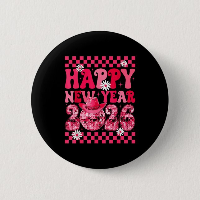 Happy New Year 2026 Cowgirl Cowboy Disco Ball Girl Button (Front)