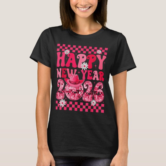 Happy New Year 2026 Cowgirl Cowboy Disco Ball Girl T-Shirt (Front)