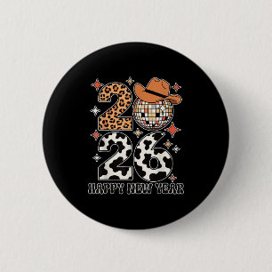 Happy New Year 2026 Cowgirl Disco Ball Western Leo Button