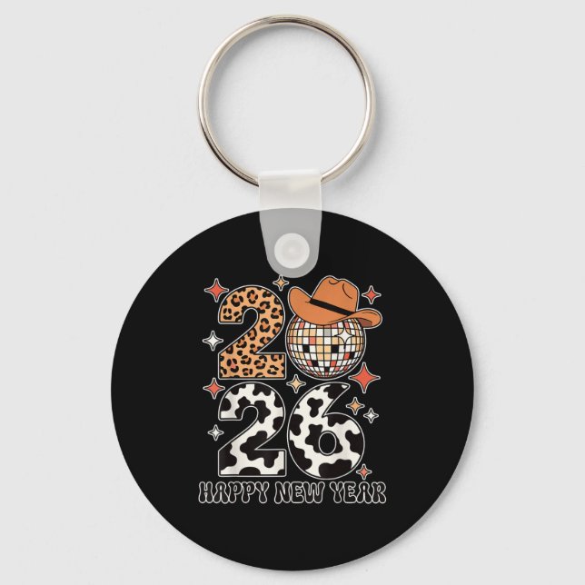 Happy New Year 2026 Cowgirl Disco Ball Western Leo Keychain (Front)