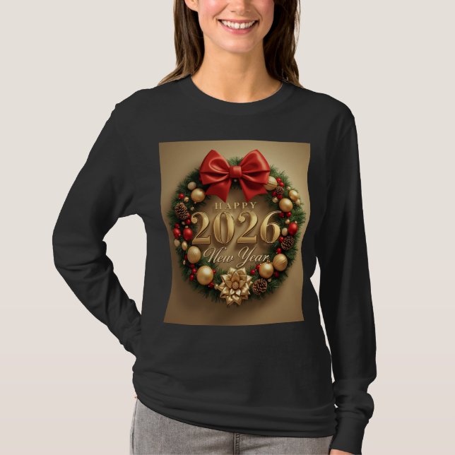 happy new year 2026 cozy wreath long sleeve T-Shirt (Front)
