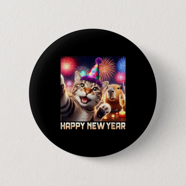 Happy New Year 2026 Cute Cat Capybara Party Art  Button (Front)