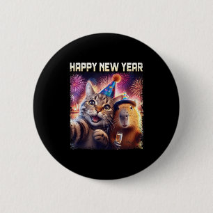 Happy New Year 2026 Cute Cat Capybara Party Art  Button