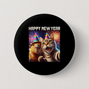 Happy New Year 2026 Cute Cat Capybara Party Art  Button