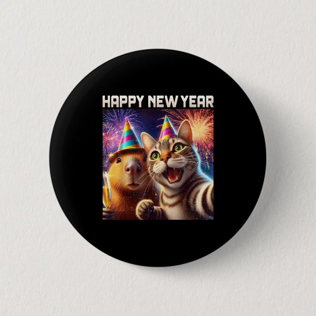 Happy New Year 2026 Cute Cat Capybara Party Art  Button (Front)