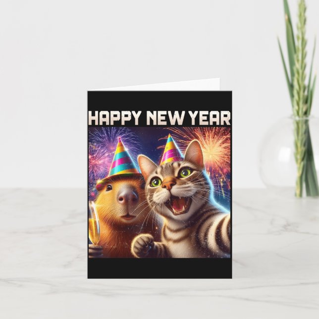 Happy New Year 2026 Cute Cat Capybara Party Art  Card (Front)