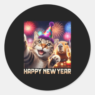 Happy New Year 2026 Cute Cat Capybara Party Art Classic Round Sticker