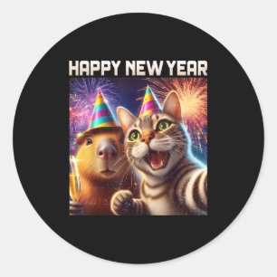 Happy New Year 2026 Cute Cat Capybara Party Art Classic Round Sticker