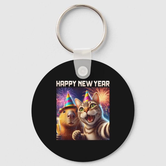 Happy New Year 2026 Cute Cat Capybara Party Art  Keychain (Front)