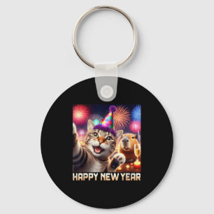 Happy New Year 2026 Cute Cat Capybara Party Art Keychain
