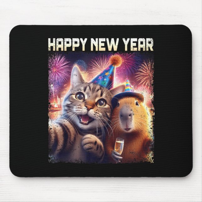 Happy New Year 2026 Cute Cat Capybara Party Art  Mouse Pad (Front)
