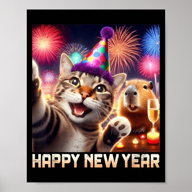 Happy New Year 2026 Cute Cat Capybara Party Art  Poster (Front)