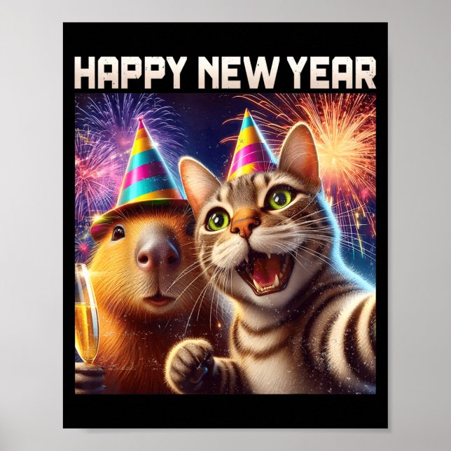 Happy New Year 2026 Cute Cat Capybara Party Art  Poster (Front)
