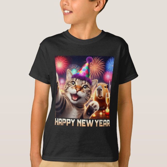 Happy New Year 2026 Cute Cat Capybara Party Art  T-Shirt (Front)