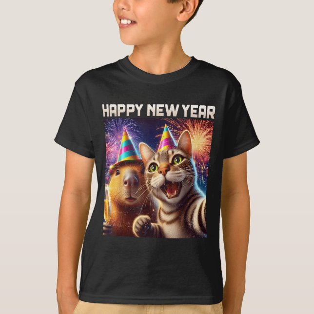 Happy New Year 2026 Cute Cat Capybara Party Art  T-Shirt (Front)