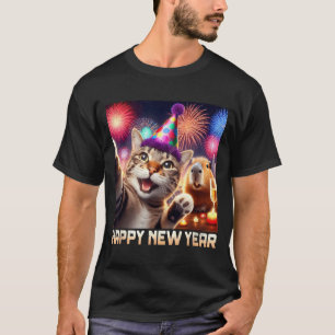 Happy New Year 2026 Cute Cat Capybara Party Art T-Shirt