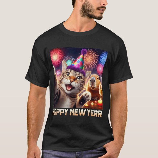 Happy New Year 2026 Cute Cat Capybara Party Art  T-Shirt (Front)