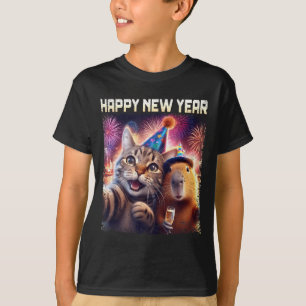 Happy New Year 2026 Cute Cat Capybara Party Art T-Shirt