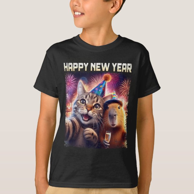 Happy New Year 2026 Cute Cat Capybara Party Art  T-Shirt (Front)