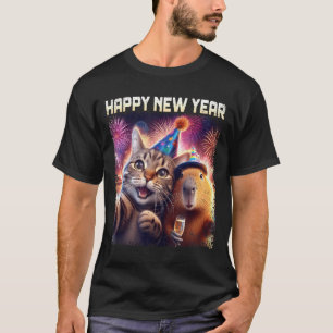 Happy New Year 2026 Cute Cat Capybara Party Art T-Shirt