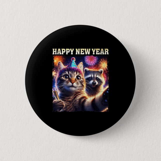 Happy New Year 2026 Cute Cat Raccoon Celebration  Button (Front)