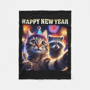 Happy New Year 2026 Cute Cat Raccoon Celebration  Fleece Blanket