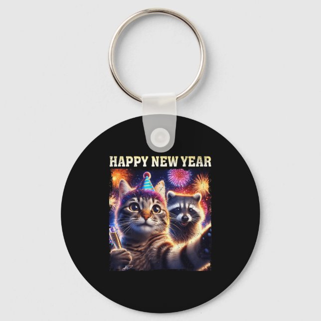 Happy New Year 2026 Cute Cat Raccoon Celebration  Keychain (Front)