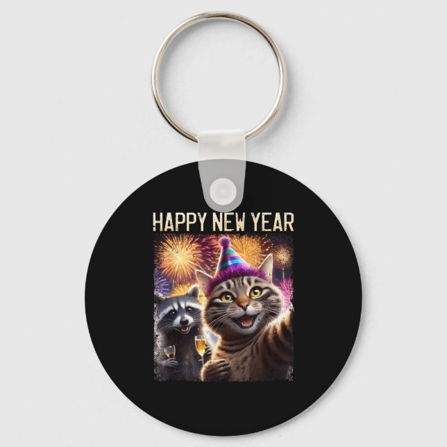 Happy New Year 2026 Cute Cat Raccoon Celebration  Keychain (Front)