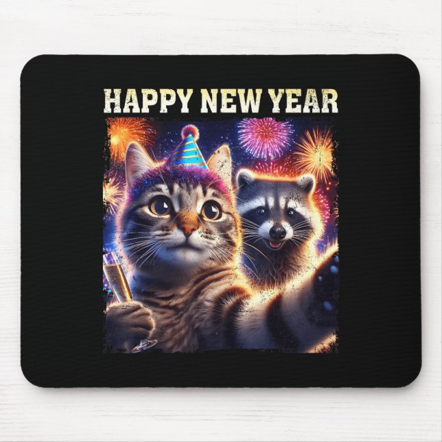 Happy New Year 2026 Cute Cat Raccoon Celebration  Mouse Pad (Front)