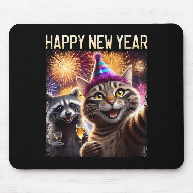Happy New Year 2026 Cute Cat Raccoon Celebration  Mouse Pad (Front)