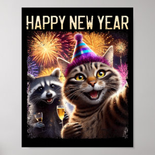 Happy New Year 2026 Cute Cat Raccoon Celebration  Poster
