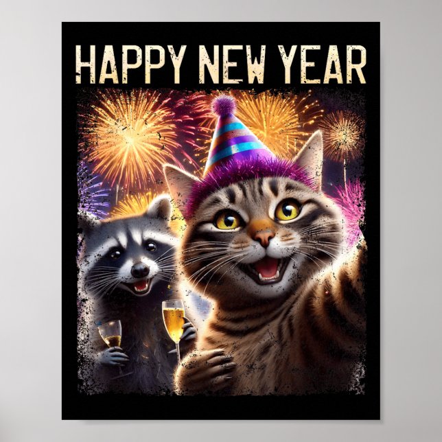 Happy New Year 2026 Cute Cat Raccoon Celebration  Poster (Front)