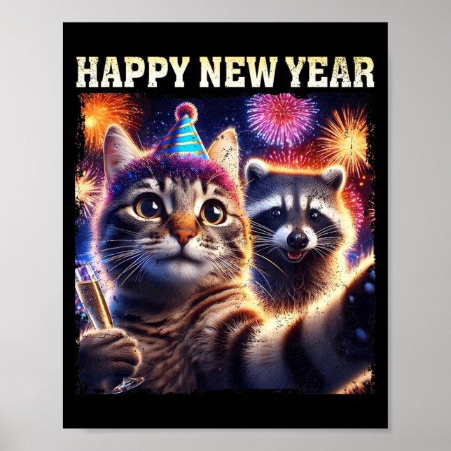 Happy New Year 2026 Cute Cat Raccoon Celebration  Poster (Front)