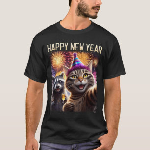 Happy New Year 2026 Cute Cat Raccoon Celebration T-Shirt