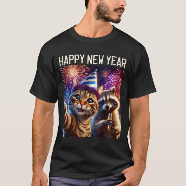Happy New Year 2026 Cute Cat Raccoon Celebration  T-Shirt (Front)