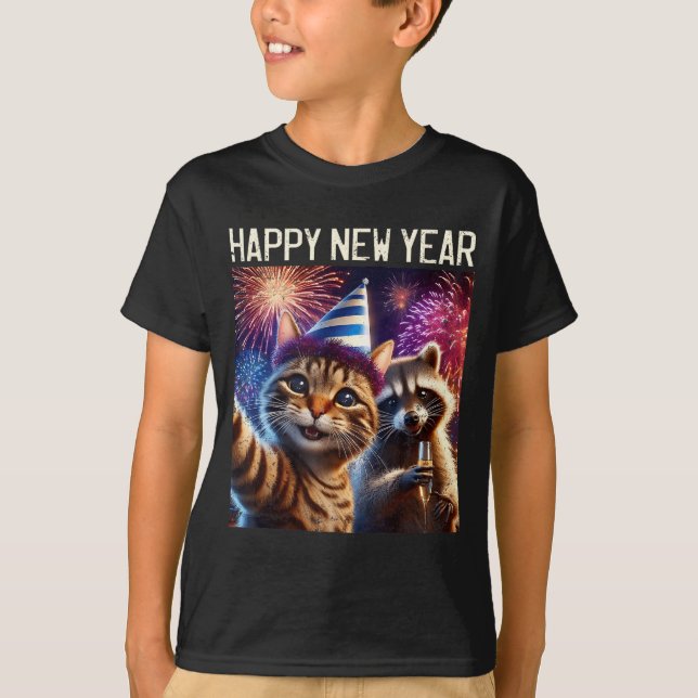 Happy New Year 2026 Cute Cat Raccoon Celebration  T-Shirt (Front)