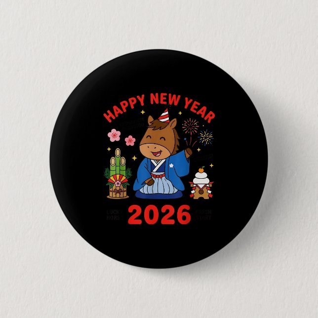 Happy New Year 2026 Cute Horse Japanese Celebratio Button (Front)