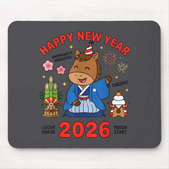Happy New Year 2026 Cute Horse Japanese Celebratio Mouse Pad (Front)