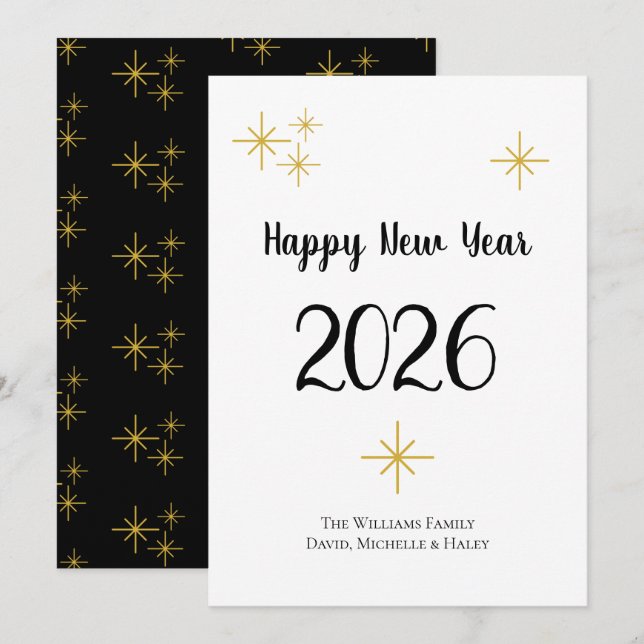 Happy New Year 2026 Cute Typography Black Gold Holiday Card (Front/Back)