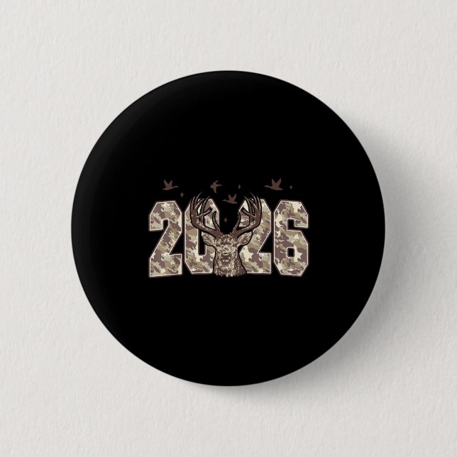 Happy New Year 2026 Deer Buck Hunting Camo Camoufl Button (Front)