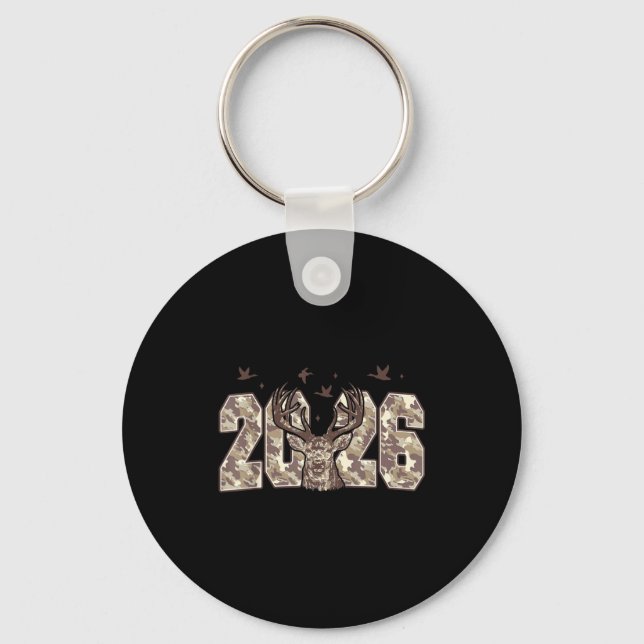 Happy New Year 2026 Deer Buck Hunting Camo Camoufl Keychain (Front)