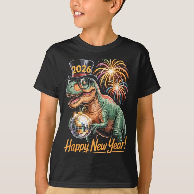 Happy New Year 2026 Dinosaur Funny T-rex Tee For K (Front)