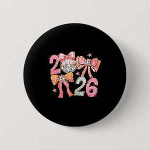 Happy New Year 2026 Disco Ball Coquette Bow New Ye Button