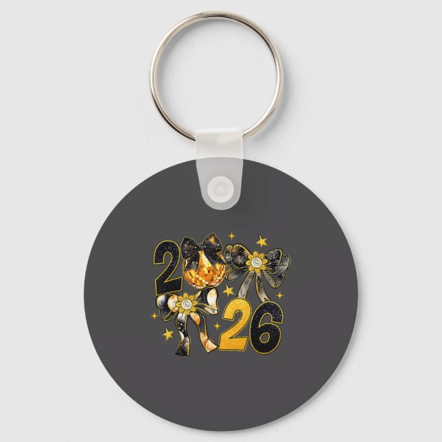 Happy New Year 2026 Disco Ball Coquette Bow New Ye Keychain (Front)