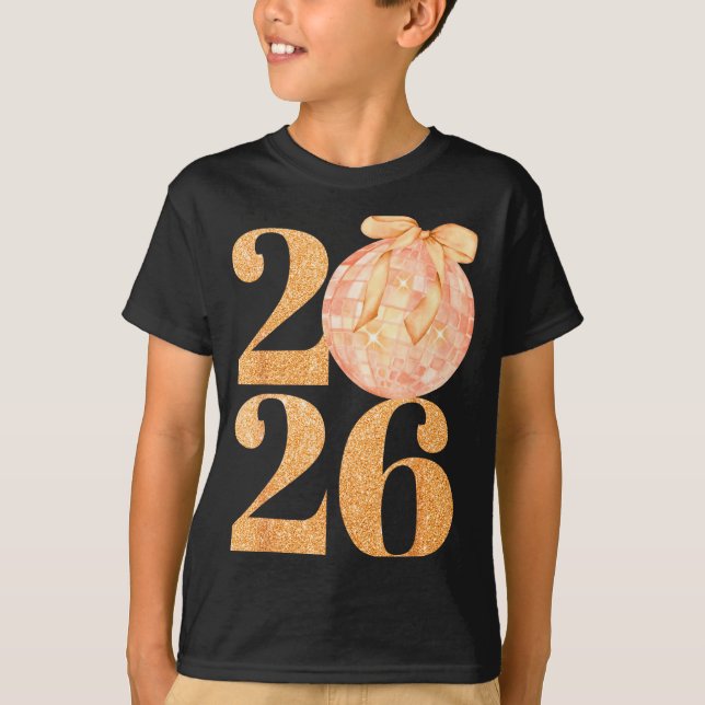 Happy New Year 2026 Disco Ball Coquette Bow New Ye T-Shirt (Front)