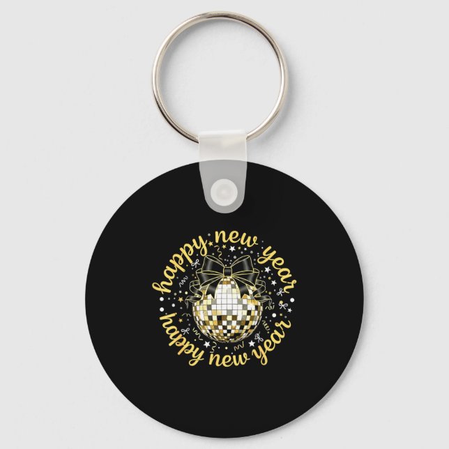Happy New Year 2026 Disco Ball Gold Bow Coquette C Keychain (Front)