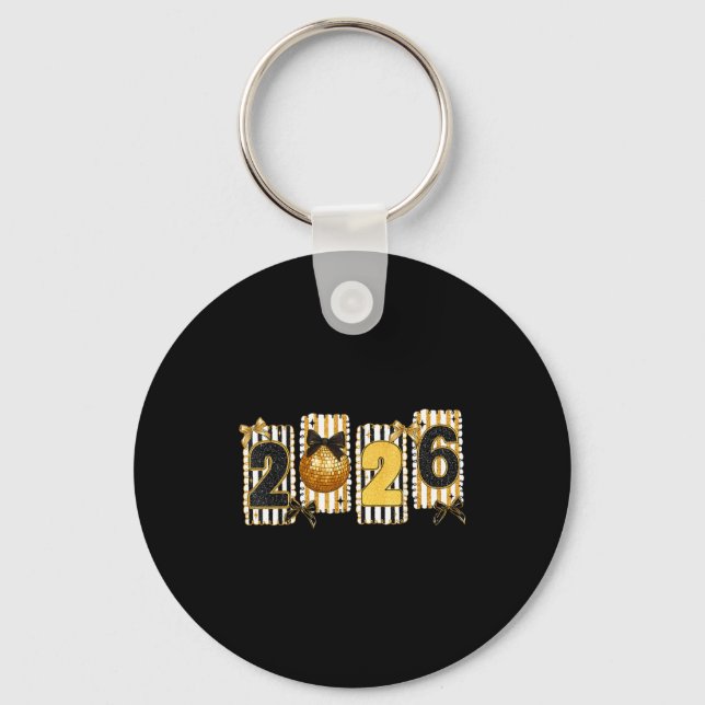 Happy New Year 2026 Disco Ball Gold Coquette Bow F Keychain (Front)