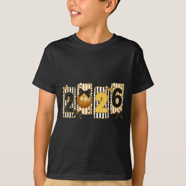Happy New Year 2026 Disco Ball Gold Coquette Bow F T-Shirt (Front)