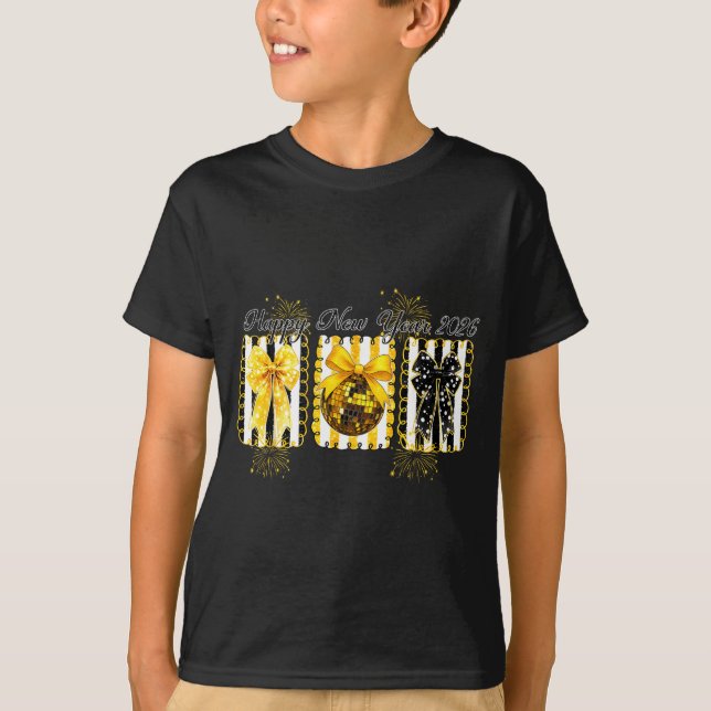 Happy New Year 2026 Disco Ball Gold Coquette Bow F T-Shirt (Front)