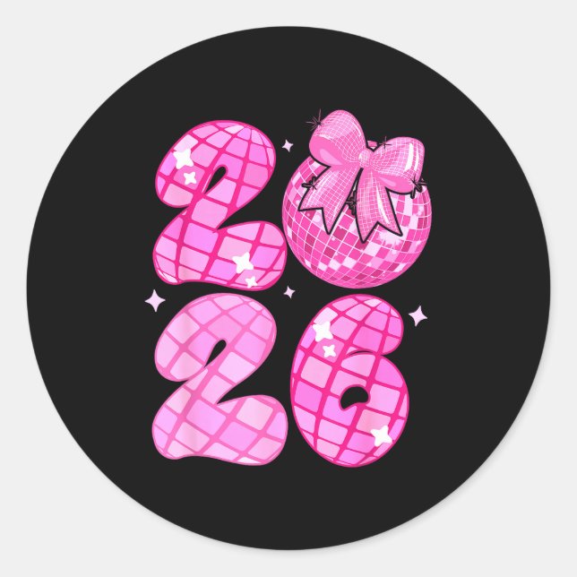 Happy New Year 2026 Disco Ball Nk Coquette Bow Fam Classic Round Sticker (Front)